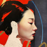 Le rêve nocturne Damien Bassez belle femme japonaise en kimono peinture japonaise contemporaine de figuration peinture à l'huile Galerie Art Yi Galerie d'art de Bruxelles