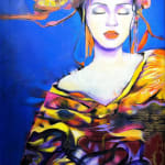 Calmer son esprit pour s'écouter vivre peinture acrylique france courpotin peinture de visage d'une belle femme japonaise en jolie kimono de fleur en reflexion au calme rêve méditation au soir