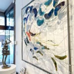 the story of water contemporary art wall installation glass art mixed media maison Fabienne Decornet interior design abstract art blue fishes swimming in the sea Art Yi Gallery Brussels art gallery