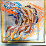 between the lines contemporary art wall installation glass art mixed media maison Fabienne Decornet interior design abstract art red and gold fishes Art Yi Gallery Brussels art gallery
