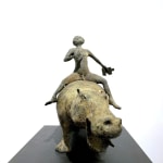 hippo lieven d'haese contemporary bronze sculpture of a boys riding and playing with a hippo sculpture art animal sculpture child sculpture childhood dream Art Yi art gallery in brussels