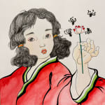 lotus wang jojo chinese contemporary ukiyo-e and yamato-e painting ink paint beautiful Japanese woman in kumonos with a cat watercolor draw interior designer art gallery art yi brussels