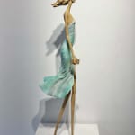 walking on a dream contemporary woman sculpture of Hedwige Leroux city girl in earphone listening to music and in green dress like a flower summer look bronze sculpture figurative sculpture at Art Yi gallery in Brussels
