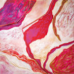 de glinsterende hedendaagse kunst mixed media abstract schilderij roze en rode abstracte kunst maison Fabienne Decornet Art Yi-galerij Kunstgalerij Brussel