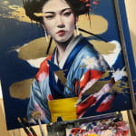L'or du silence Damien Bassez belle femme geisha japonaise en kimono peinture japonaise contemporaine de figuration Galerie Art Yi Galerie d'art de Bruxelles