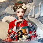 Goud en water Damien Bassez mooie Japanse geishavrouw in kimono hedendaagse Japanse figuratieschilderij Art Yi-galerij Kunstgalerij in Brussel