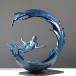 mighty waves contemporary bronze sculpture Liang Binbin Chinese artist blue sea sculpture a beautiful girl swimming or surfing in a big wave sculpture art