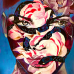 Een deel van schaduw en licht acryl schilderij japanse kunst frankrijk courpotin vrouw schminken van roze bloem en slang Art Yi brusselse kunstgalerij