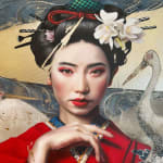 Gold und Wasser Damien Bassez schöne japanische Geisha Frau im Kimono zeitgenössische japanische figurative Malerei Art Yi Galerie Brüssel Kunstgalerie