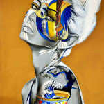 icare acryl schilderij frankrijk courpotin bruin goud schilderij van een mooi vrouwengezicht met witte vliegende kraanvogel en een winter in een kopje thee van japanse golf
