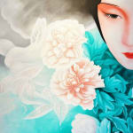 jade wang jojo peinture contemporaine chinoise fleur bleue peinture à l'huile opéra de pékin femme chinoise robe bleue sculpture art yi galerie d'art de bruxelles