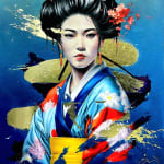The gold of silence Damien Bassez beautiful japanese geisha woman in kimono contemporary japanese painting of figuration Art Yi gallery Brussels art gallery