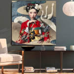 Or et eau Damien Bassez belle femme geisha japonaise en kimono peinture japonaise contemporaine de figuration Galerie Art Yi Galerie d'art de Bruxelles