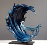 mighty waves contemporary bronze sculpture Liang Binbin Chinese artist blue sea sculpture a beautiful girl swimming or surfing in a big wave sculpture art