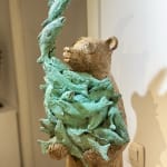 Kamchatka bear of Sophie Verger bear sculpture contemporary animal sculpture bronze sculpture a happy bear holding many saumon fishes that jumping out of his arms art at Art yi gallery in Brussels