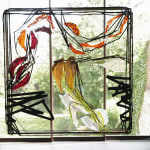 contemporary art wall installation glass art mixed media maison Fabienne Decornet interior design abstract art red and gold fishes Art Yi Gallery Brussels art gallery