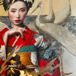 Gold and water Damien Bassez beautiful japanese geisha woman in kimono contemporary japanese painting of figuration Art Yi gallery Brussels art gallery