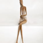 Stand by me woman sculpture Hedwige Leroux contemporary art contemporary sculpture interior design a sculpture of lying young city girl in jean and listen to music a sitting girl listen to music with her earphones Art Yi gallery Brussels art gallery
