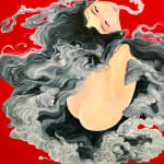 Lotus wang jojo peinture contemporaine japonaise ukiyo-e and yamato-e peinture acrylique rouge belle et sexy femme Japonaise aux longs cheveux noirs architecte d'intérieur galerie d'art art yi bruxelles