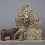 Prehistoric bear sculpture Sophie Verger animal sculpture bear collection contemporary sculpture two little bears visit a rock with painting of a prehistory woman art collection Art Yi gallery Brussels art gallery