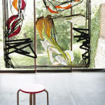 hedendaagse kunst wandinstallatie glaskunst mixed media maison Fabienne Decornet interieur abstracte kunst rode en gouden vissen Art Yi-galerij Kunstgalerij Brussel