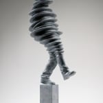 Walkman contemporary sculpture Liang Binbin a light grey bronze sculpture of a man walking and jumping in the rain with shadow figurative sculpture Art Yi gallery Brussels art gallery