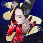 Danse rouge Damien Bassez belle geisha femme japonaise en kimono peinture japonaise contemporaine de figuration Galerie Art Yi Galerie d'art de Bruxelles