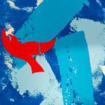 Abstract collage in shades of blue with red birds by artist Emilio DiIorio