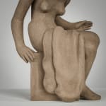 Figurative ceramics sculpture by artist Emilio DiIorio. Female figure is No. 4 in artist's Seated Bathers series in gray clay.
