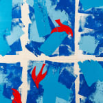 Abstract collage in shades of blue with red birds by artist Emilio DiIorio