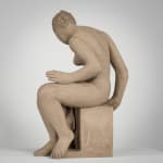 Figurative ceramics sculpture by artist Emilio DiIorio. Female figure is No. 4 in artist's Seated Bathers series in gray clay.