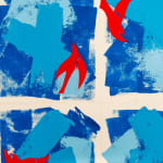 Abstract collage in shades of blue with red birds by artist Emilio DiIorio