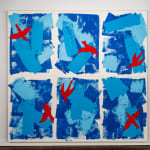 Abstract collage in shades of blue with red birds by artist Emilio DiIorio