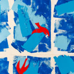 Abstract collage in shades of blue with red birds by artist Emilio DiIorio