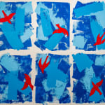 Abstract collage in shades of blue with red birds by artist Emilio DiIorio
