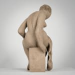 Figurative ceramics sculpture by artist Emilio DiIorio. Female figure is No. 4 in artist's Seated Bathers series in gray clay.
