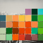 31 sticky notes of various colors are pasted on a black and white photograph of Village Yangji, Guangzhou by artist Li Lang