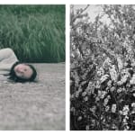 A diptych photograph from the section "Flourishing" of Chen Qiulin's work "Another Day". The left one shows a female performer lies down on the ground facing to us against the green grass background.