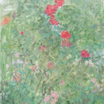 Pink and yellowish flowers painted by artist He Duoling which delivers a sense of early spring