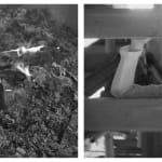 A black-and-white diptych photograph from the section "Still Burning" of Chen Qiulin's work "Another Day" where the left one shows two burning tree stumps and the right one shows the female performer looks outside of photograph from a wooden building structure.