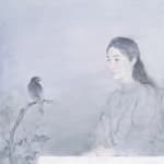 A young lady in white cloth sits on a white chair looking towards the left and viewing the birds