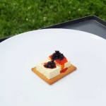 A close shot of Chen Qiulins' 2 pieces of tofu seasoned with laoganma chili sauce on a plain biscuit in 2024.