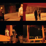 It is a larger photograph that combines two people in modern outfit, two opera performers and the specific construction site.