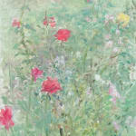 Pink and yellowish flowers painted by artist He Duoling which delivers a sense of early spring