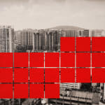 21 red sticky notes are pasted on a black and white photograph of Village Yangji, Guangzhou by artist Li Lang