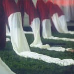 Chen Qiulin's installation work that is composed of red and white long peking opera sleeves with artificial arms; these sleeves are placed indoor on a man-made lawn; a mirror is also placed on this lawn.