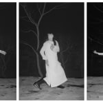 A black-and-white triptych photograph from the section "Tree" of Chen Qiulin's work "Another Day" where shows a female performer poses three different gesture in front of a dried tree.