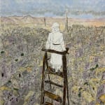 Rami Farook, A Boy Standing On Top Of A High Unstable Ladder In A Small Lake, The Landscape Is Clear,...