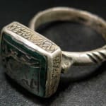 Inscribed Green Stone Seal Set in a Silver Ring