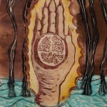 Detail of hand holding a pomegranate in a print by Alexi Marshall